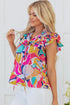 Abstract Print Ruffled Flutter Sleeve Tie Neck Cotton Blouse