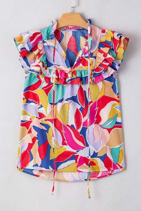Abstract Print Ruffled Flutter Sleeve Tie Neck Cotton Blouse