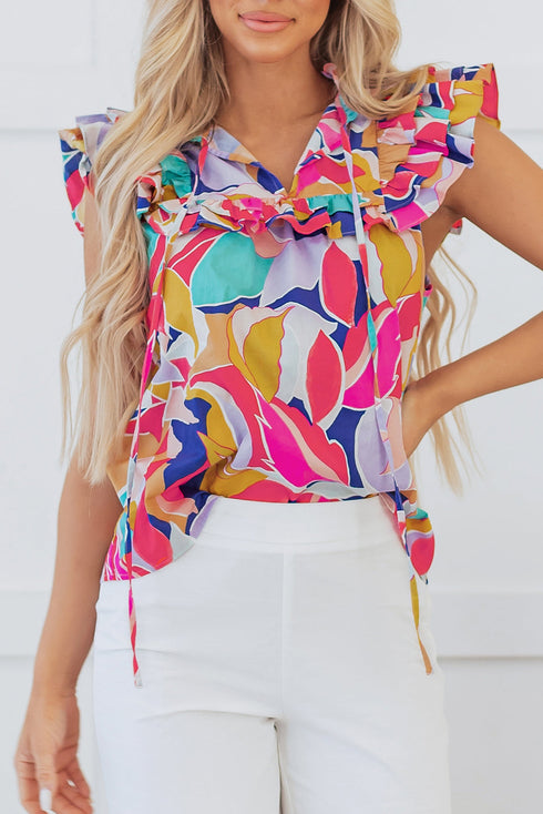 Abstract Print Ruffled Flutter Sleeve Tie Neck Cotton Blouse