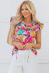 Abstract Print Ruffled Flutter Sleeve Tie Neck Cotton Blouse