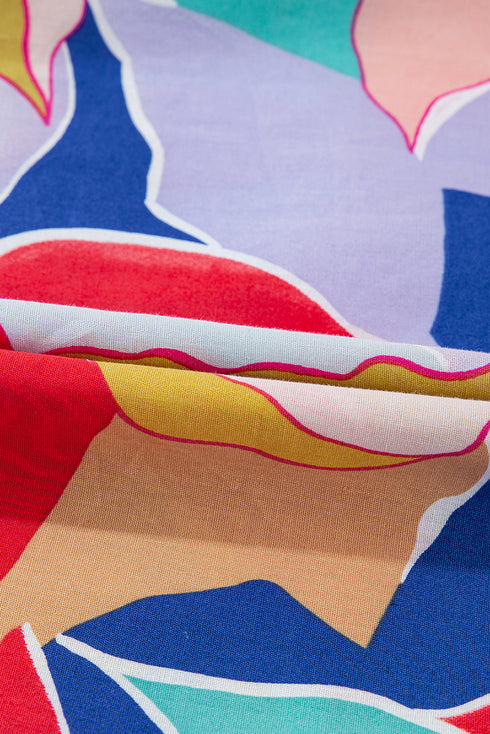 Abstract Print Ruffled Flutter Sleeve Tie Neck Cotton Blouse