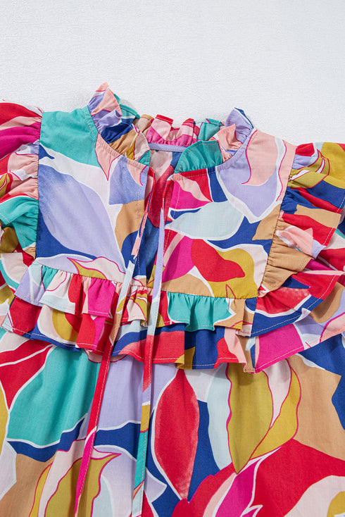 Abstract Print Ruffled Flutter Sleeve Tie Neck Cotton Blouse
