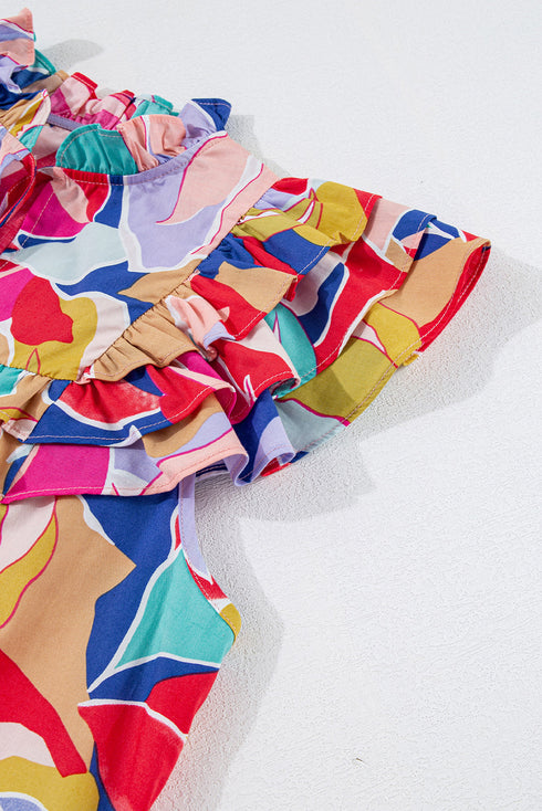 Abstract Print Ruffled Flutter Sleeve Tie Neck Cotton Blouse