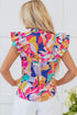 Abstract Print Ruffled Flutter Sleeve Tie Neck Cotton Blouse