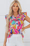 Abstract Print Ruffled Flutter Sleeve Tie Neck Cotton Blouse