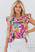 Abstract Print Ruffled Flutter Sleeve Tie Neck Cotton Blouse