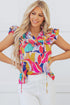 Abstract Print Ruffled Flutter Sleeve Tie Neck Cotton Blouse