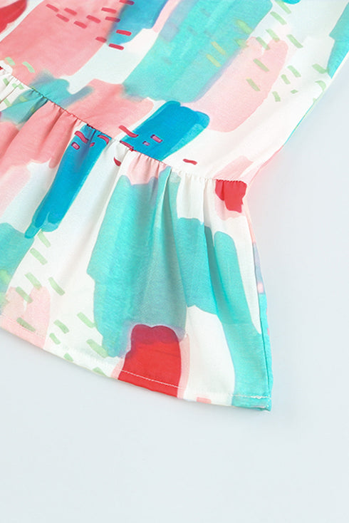 Abstract Print Ruffled Mock Neck Flutter Sleeve Blouse