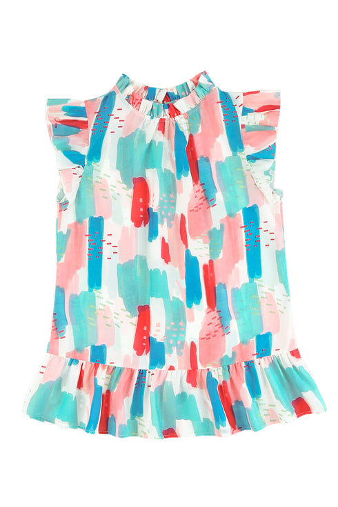Abstract Print Ruffled Mock Neck Flutter Sleeve Blouse
