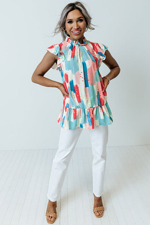 Abstract Print Ruffled Mock Neck Flutter Sleeve Blouse