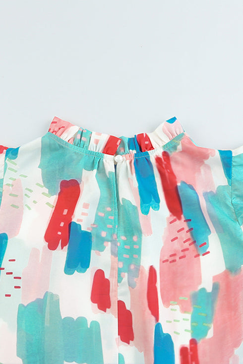 Abstract Print Ruffled Mock Neck Flutter Sleeve Blouse