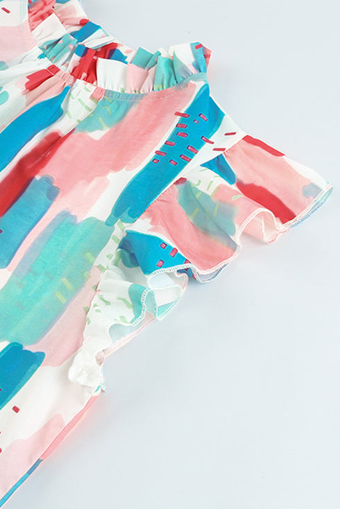 Abstract Print Ruffled Mock Neck Flutter Sleeve Blouse