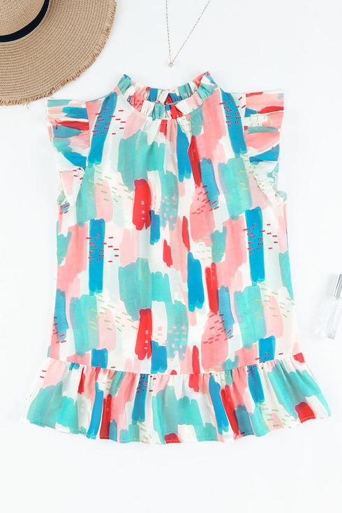 Abstract Print Ruffled Mock Neck Flutter Sleeve Blouse