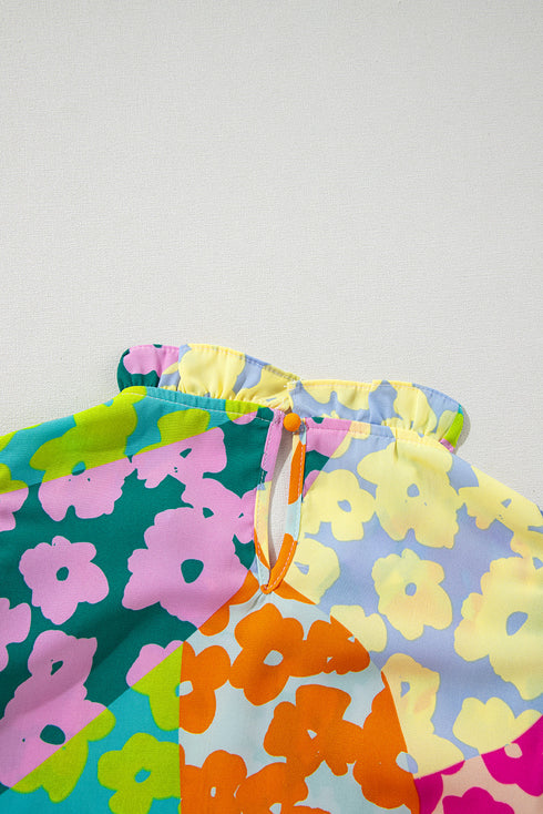 Abstract Print Ruffled Mock Neck Pleated Blouse