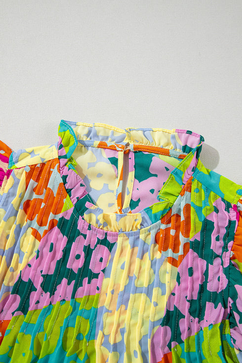 Abstract Print Ruffled Mock Neck Pleated Blouse
