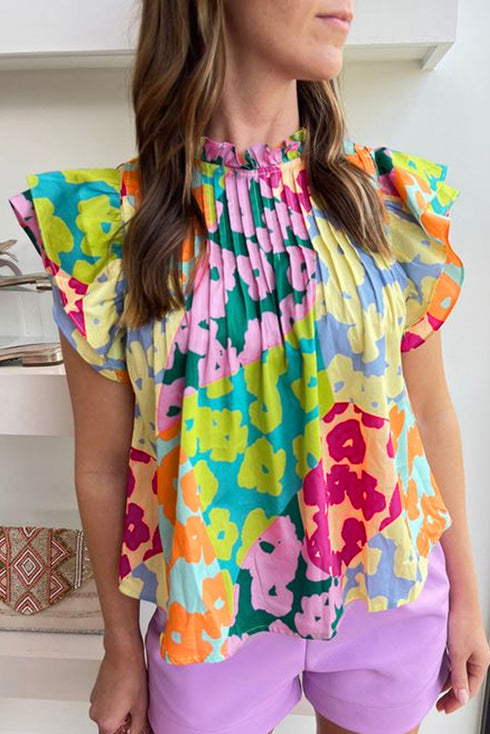 Abstract Print Ruffled Mock Neck Pleated Blouse