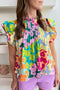 Abstract Print Ruffled Mock Neck Pleated Blouse