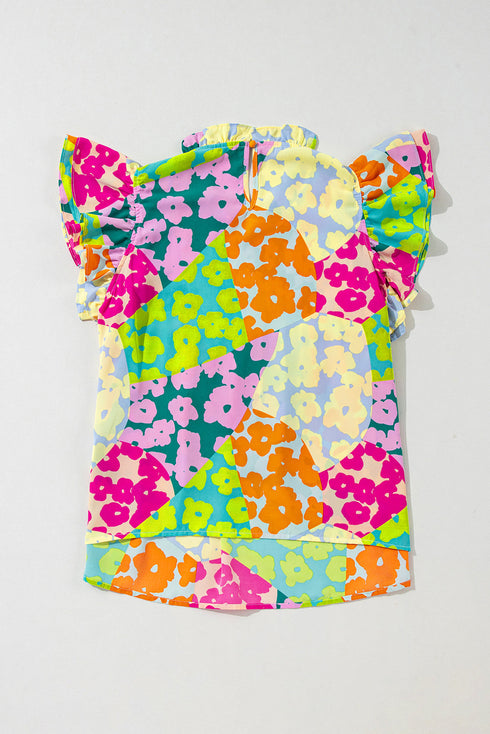 Abstract Print Ruffled Mock Neck Pleated Blouse