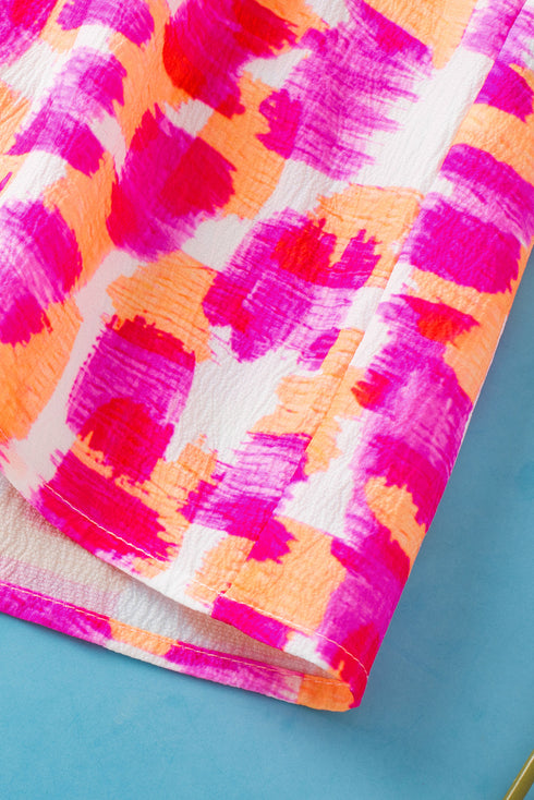 Abstract Print Ruffled Mock Neck Puff Sleeve Blouse