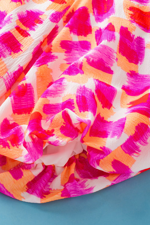 Abstract Print Ruffled Mock Neck Puff Sleeve Blouse