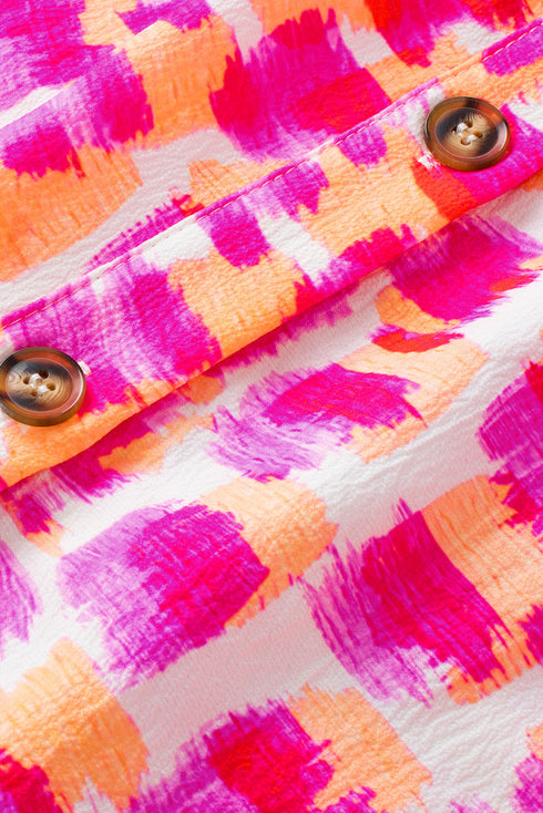 Abstract Print Ruffled Mock Neck Puff Sleeve Blouse