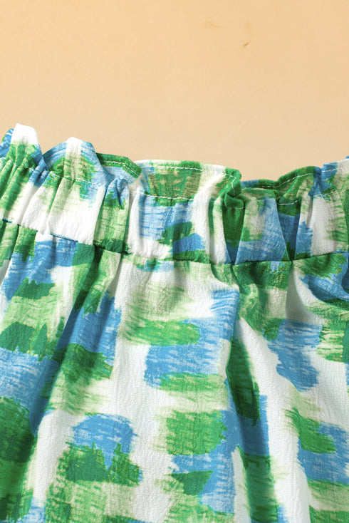 Abstract Print Ruffled Mock Neck Puff Sleeve Blouse