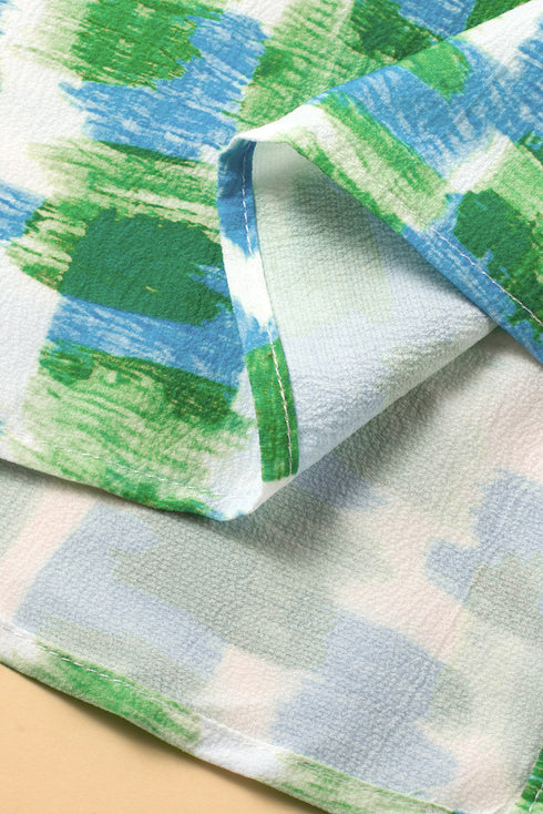 Abstract Print Ruffled Mock Neck Puff Sleeve Blouse