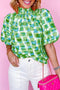 Abstract Print Ruffled Mock Neck Puff Sleeve Blouse