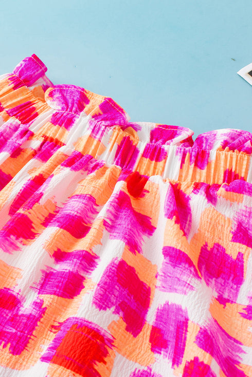 Abstract Print Ruffled Mock Neck Puff Sleeve Blouse