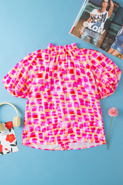 Abstract Print Ruffled Mock Neck Puff Sleeve Blouse