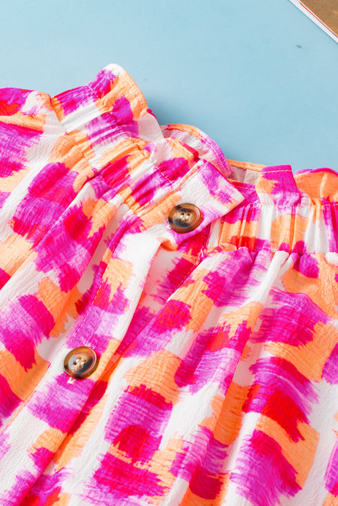 Abstract Print Ruffled Mock Neck Puff Sleeve Blouse