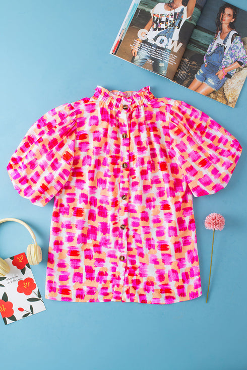 Abstract Print Ruffled Mock Neck Puff Sleeve Blouse