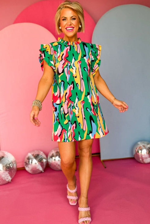 Abstract Print Ruffled Mock Neck Shift Dress