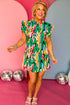 Abstract Print Ruffled Mock Neck Shift Dress