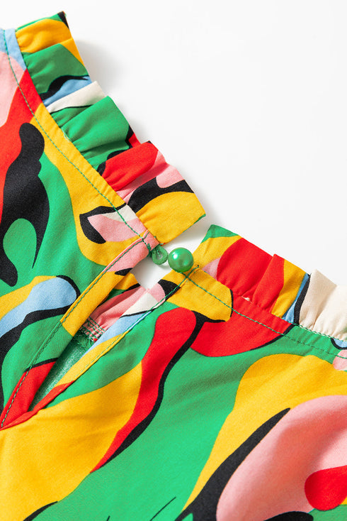 Abstract Print Ruffled Mock Neck Shift Dress