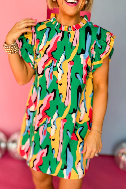 Abstract Print Ruffled Mock Neck Shift Dress