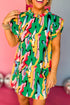 Abstract Print Ruffled Mock Neck Shift Dress
