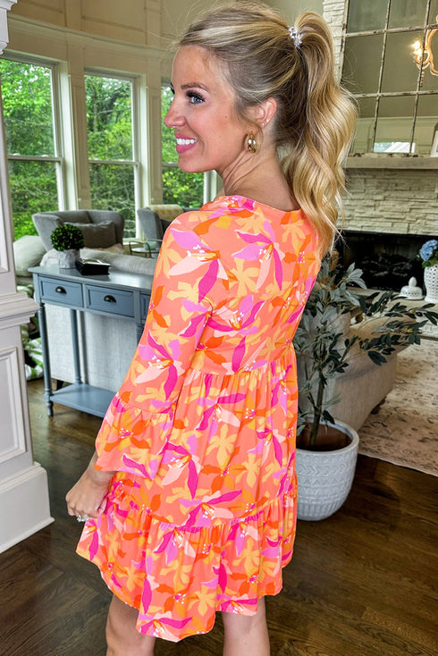 Abstract Print Ruffled Sleeve A Line Mini Dress