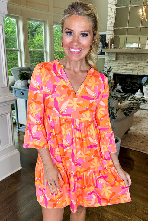 Abstract Print Ruffled Sleeve A Line Mini Dress