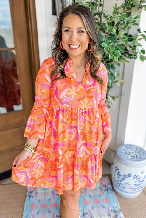 Abstract Print Ruffled Sleeve A Line Mini Dress