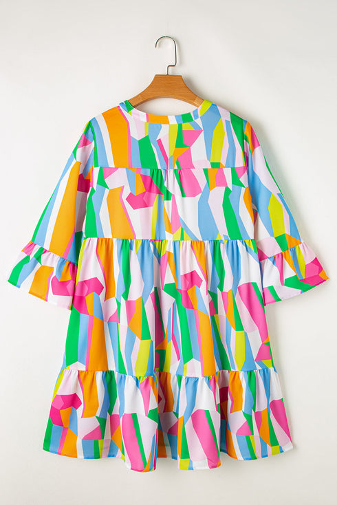Abstract Print Ruffled Sleeve A Line Mini Dress