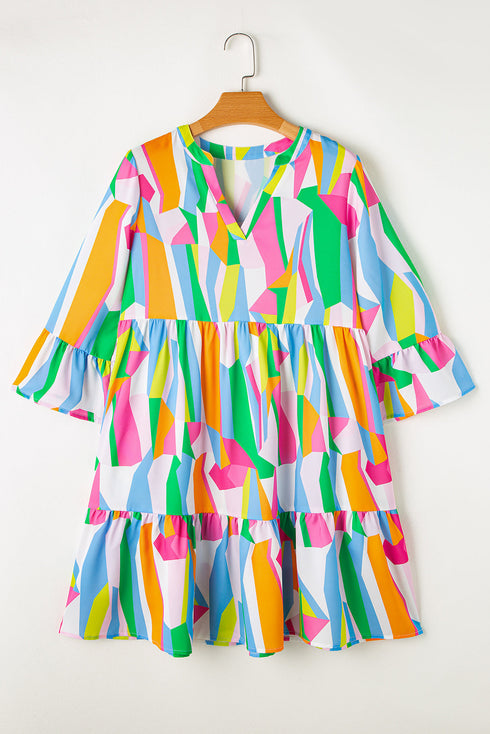 Abstract Print Ruffled Sleeve A Line Mini Dress