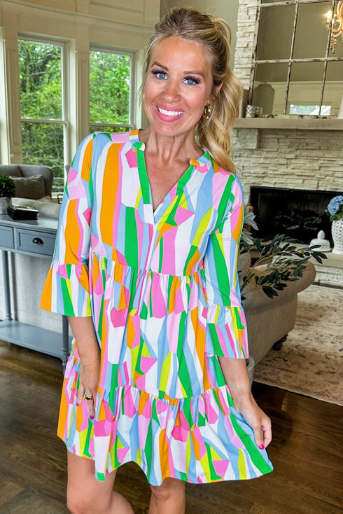 Abstract Print Ruffled Sleeve A Line Mini Dress