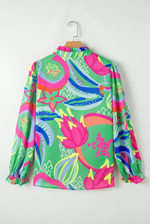 Abstract Print Ruffled Sleeve Button Front V Neck Blouse