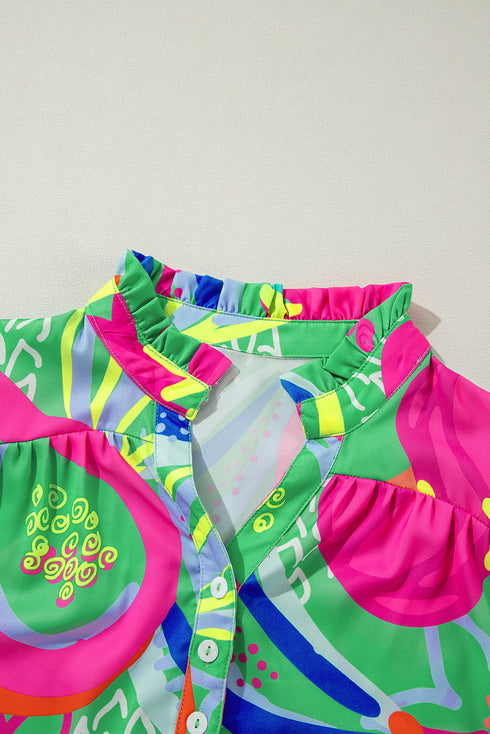 Abstract Print Ruffled Sleeve Button Front V Neck Blouse