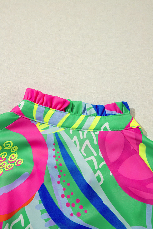 Abstract Print Ruffled Sleeve Button Front V Neck Blouse