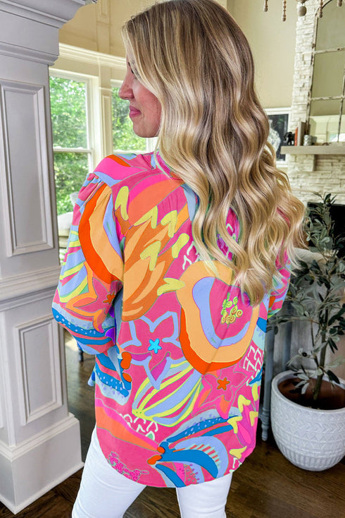 Abstract Print Ruffled Sleeve Button Front V Neck Blouse