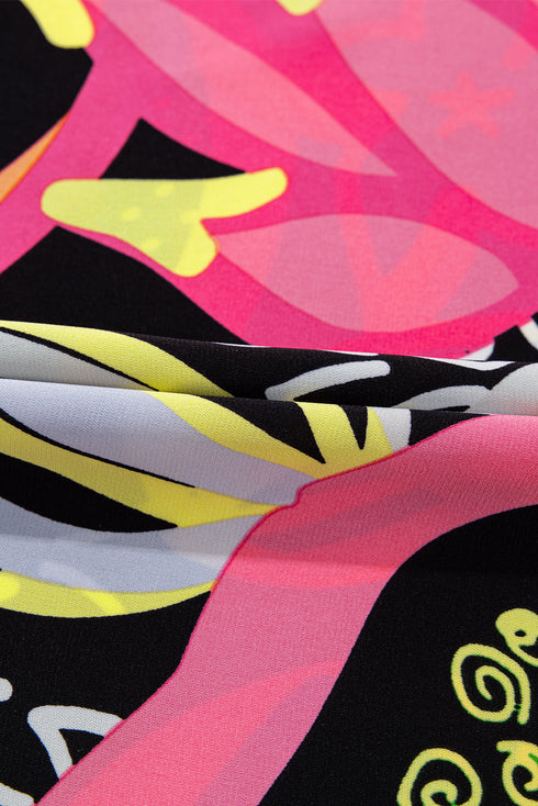 Abstract Print Ruffled Sleeve Button Front V Neck Blouse