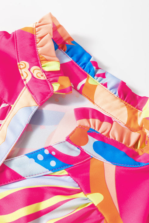 Abstract Print Ruffled Sleeve Button Front V Neck Blouse