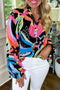 Abstract Print Ruffled Sleeve Button Front V Neck Blouse